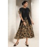 Sharlotte All-Over Pleated A-Line Dress with Flutter Sleeve and Belt, , large