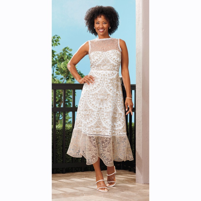 Embroidered Lace a Line Dress, Beige White, large