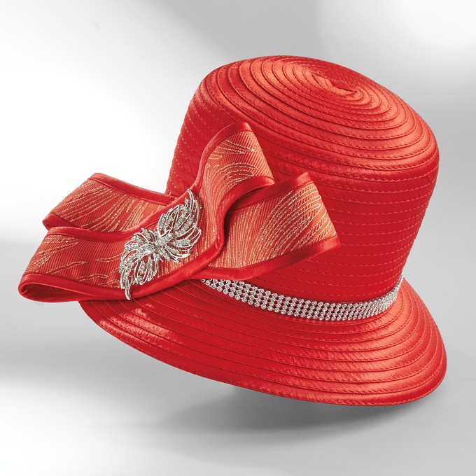 Kelis Women's Church Hat with Oversized Bow and Rhinestone Brooch, Flame Red, large