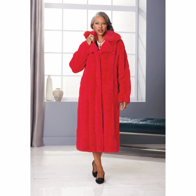 Long Faux-Fur Mink Coat, Red, large