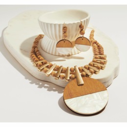 Wood and Faux Mother-of-Pearl Necklace &amp; Earring Set, , large