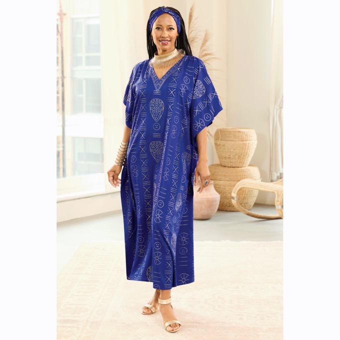 Sadaka Long Afrocentric-Print Caftan and Headscarf Set, , large