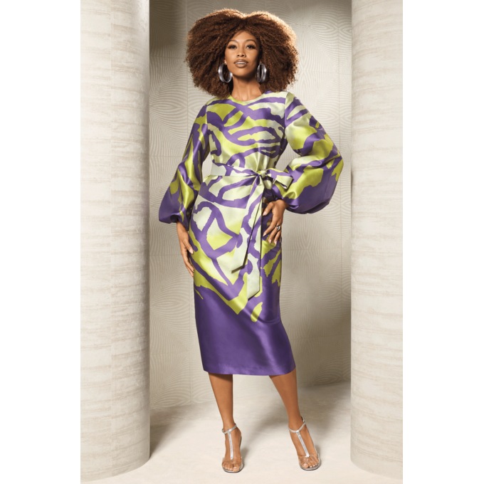 Abena Belted Sheath Dress with Balloon Sleeves and Removable Belt, , large