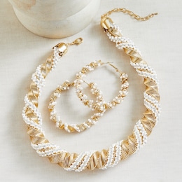 Faux-Pearl Twist Necklace &amp; Hoop Set, , large