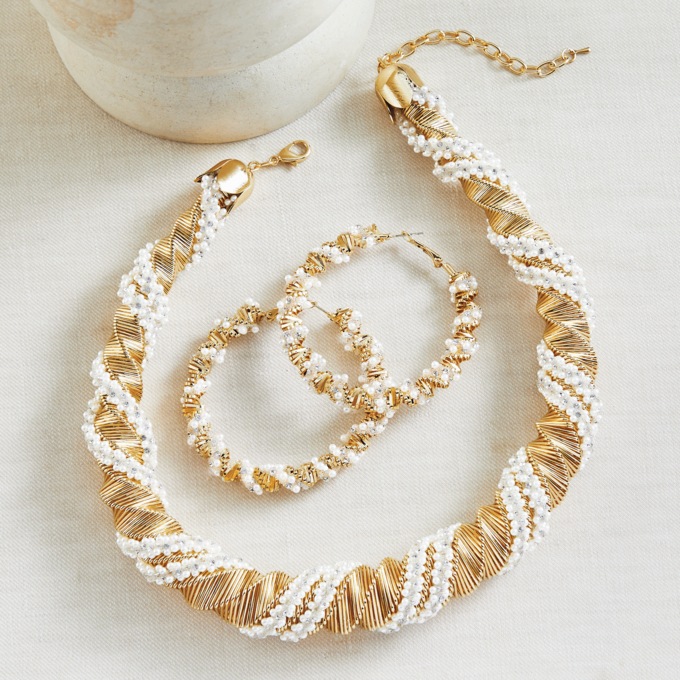 Faux-Pearl Twist Necklace & Hoop Set, Goldtone, large