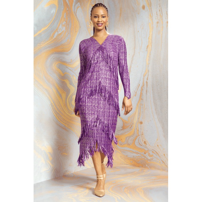 Jerianne Tiered-Fringe Maxi Dress in Metallic Foil with Hankie Hem, , large