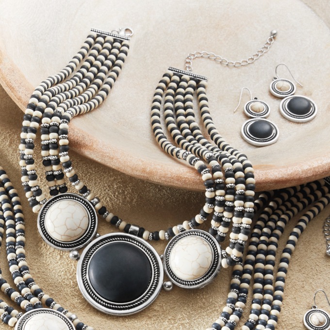 Round Faux-Stone Beaded Necklace & Earring Set, , large