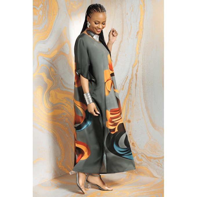 Kiki Long Graphic Print Caftan for Women, Gray Multi, large