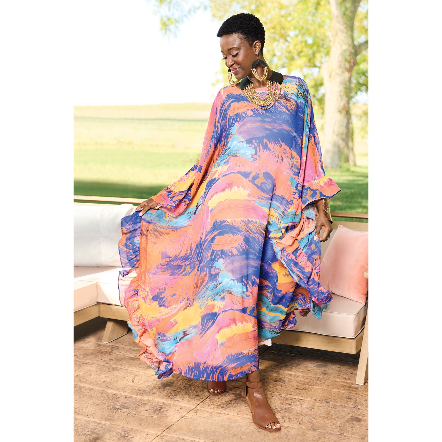 Etasha Flowy Maxi Dress, Size XL, Bright Navy Orange Cream Multi, Misses