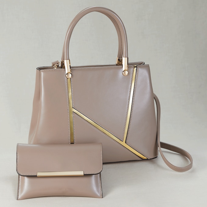 Gold-Trimmed Faux Leather Satchel Set, Taupe, large