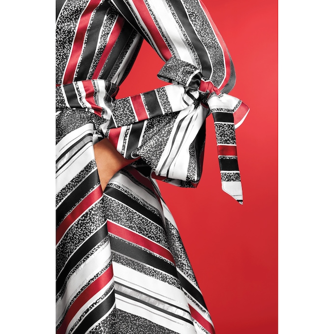 Thressa Bubble-Hem A-Line Dress with Double-Collar, Bows and Bold Stripes, , large