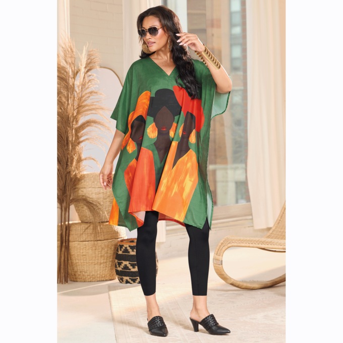 Sasha Women&rsquo;s Short Caftan with Afrocentric Graphic and V-Neck, Green Multi, large