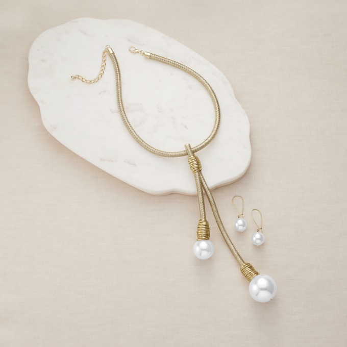 Faux-Pearl Tassel Necklace & Earring Set, Goldtone, large