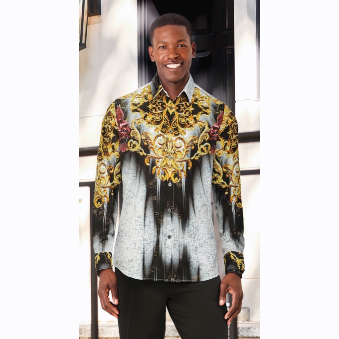 Stacy Adams Long-Sleeve Scroll Print Shirt, , large