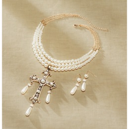Faux-Pearl Cross Necklace &amp; Earring Set, , large