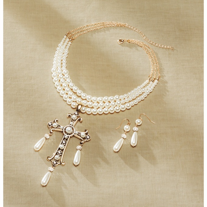 Faux-Pearl Cross Necklace & Earring Set, Goldtone, large