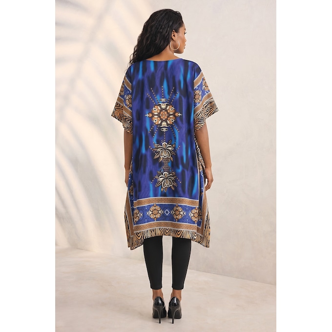 Lulit Short Caftan with V-Neck in Regal Border Print, Blue Multi, large