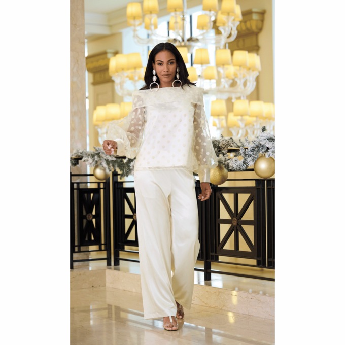 Zelda Dot Blouse and Ashlyn Satin Wide-Leg Pant, , large