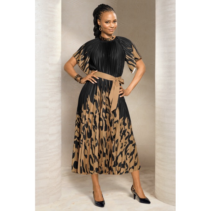 Sharlotte All-Over Pleated A-Line Dress with Flutter Sleeve and Belt, , large