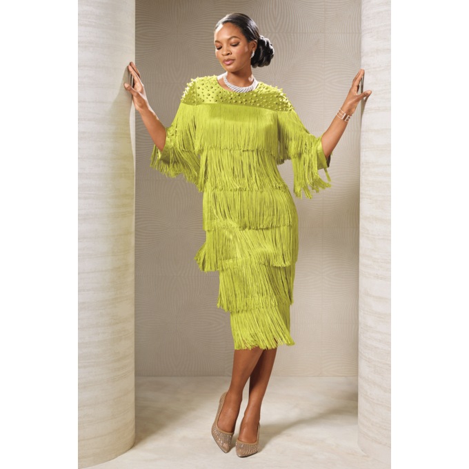 Maizie Tiered-Fringe Bead-Embellished Midi Sheath Dress, , large