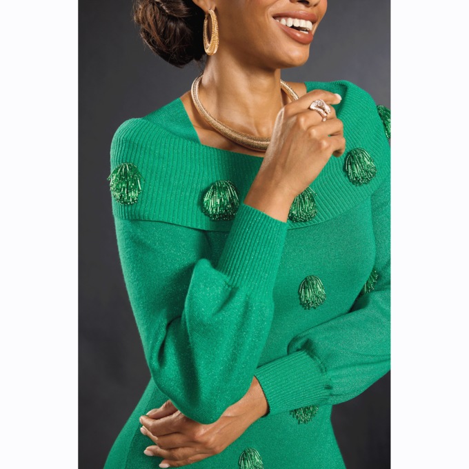 Letta Beaded Dots Sweater Dress, Emerald Green, large