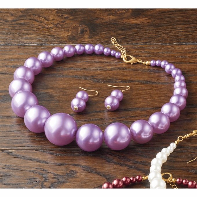 Colored Faux-Pearl Necklace & Earring Set, Purple, large