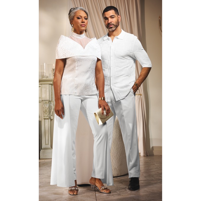 Delu Woven Blouse, Claudia Cape Trouser and Stacy Adams Knit-Shirt Pant Set, , large