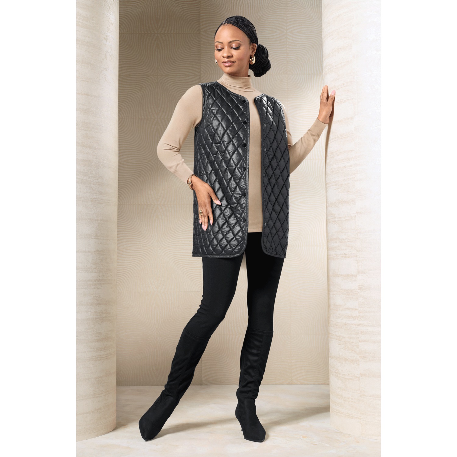 Gianna Faux-Leather Grommet Trench Coat with Quilted Vest | ASHRO