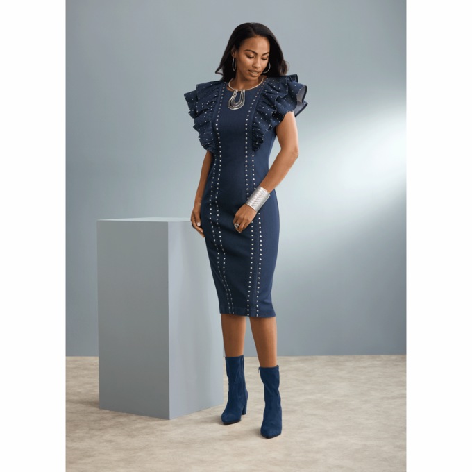 Nyra Studded Denim Sheath Dress, , large