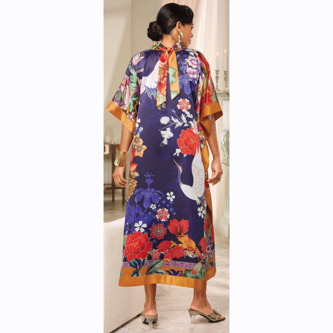 Zella Long Maxi Caftan with Mandarin Collar and Back Tie in Exotic Print, , large