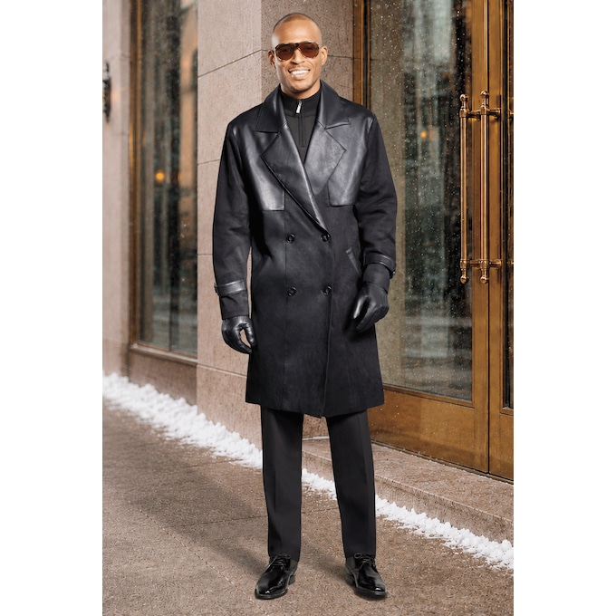 Sylvester Men&rsquo;s Faux Suede Trench Coat with Faux Leather Trim, Black, large