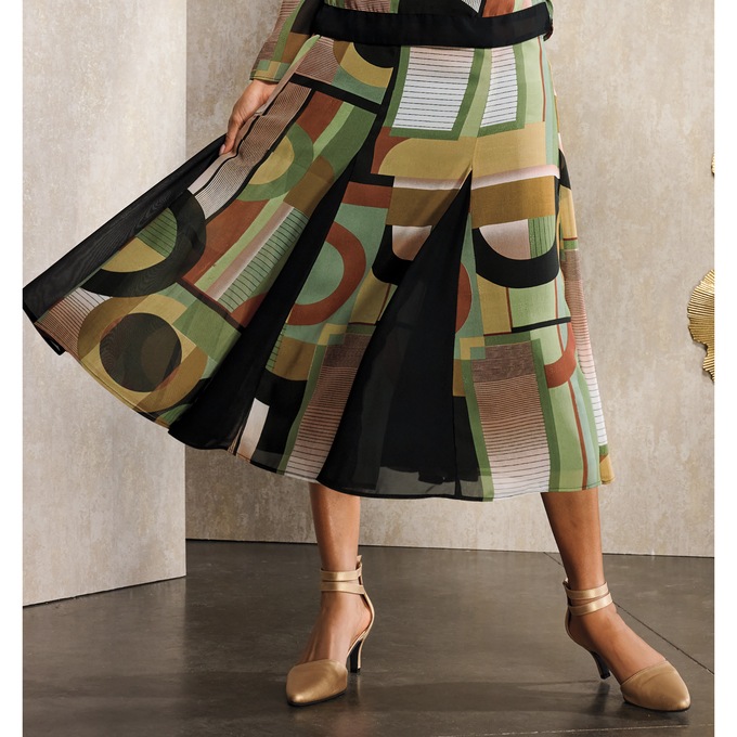 Shani Full Georgette Skirt in Geometric Print with Flared Godet Insets, , large