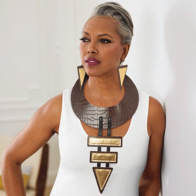 Pleather Geometric Shapes Necklace & Earrings Set, , large