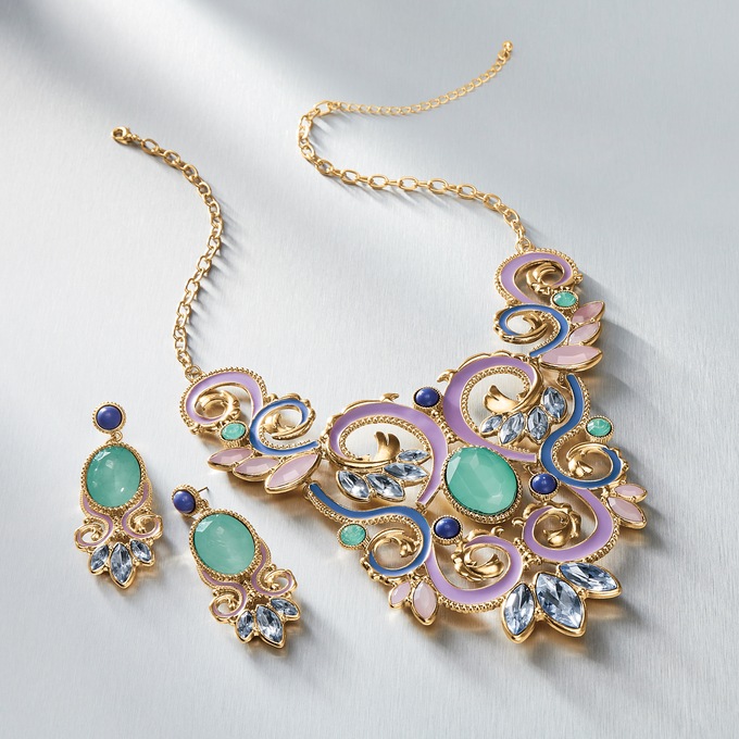 Crystal and Stone Scroll Necklace, , large