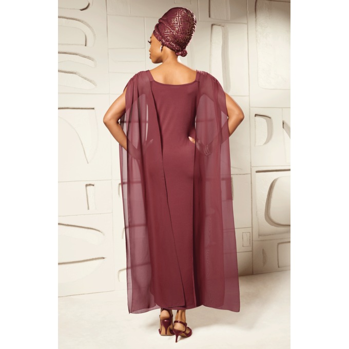 Foil-Print Goddess Bodycon Maxi Dress with Sheer Cape Panels, , large