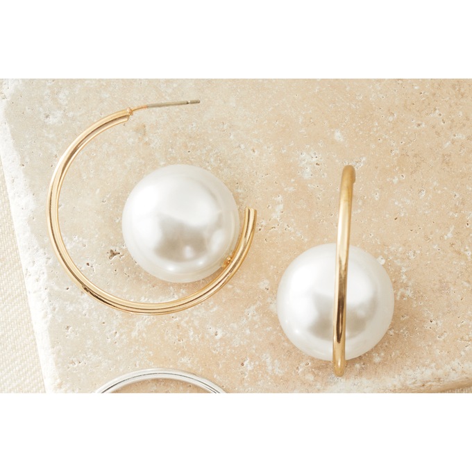 Faux-Pearl Round Hoops, Goldtone, large