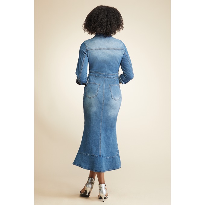 Vashie Denim Sheath Dress, Medium Denim Wash, large