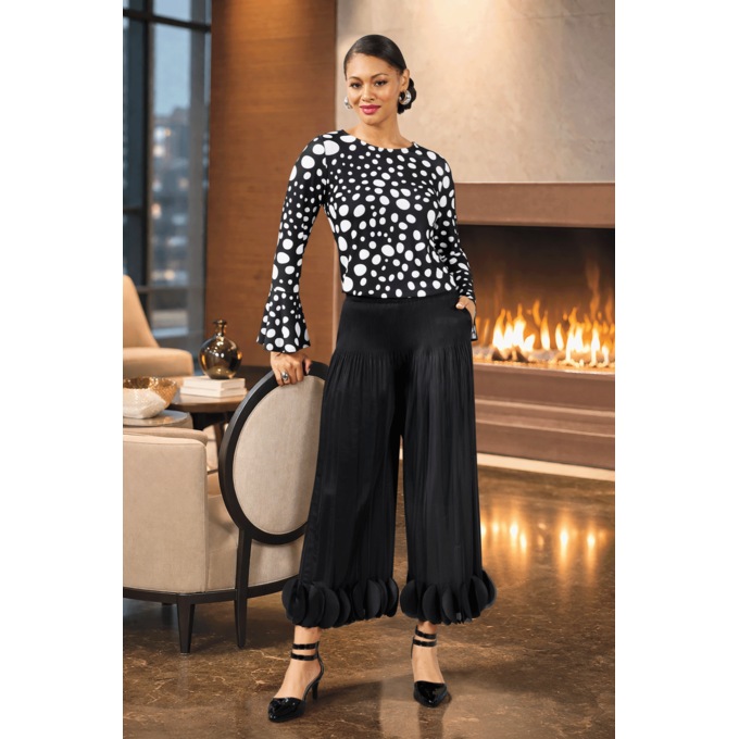 Circle Pleated Wide-Leg Women's Gaucho Pant with 3D Appliqu&eacute; Hem, , large