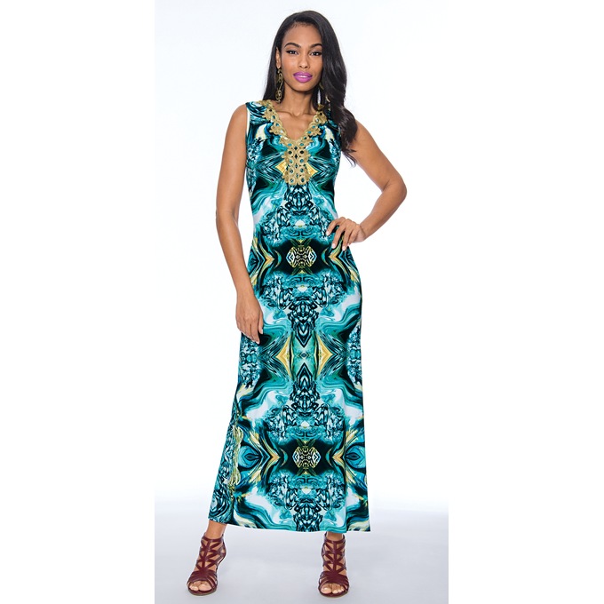 Gold-Embroidered Print Maxi Dress, , large
