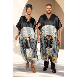 Zulu Long Unisex Satin V-Neck Caftan with Colorful Afrocentric Print, , large