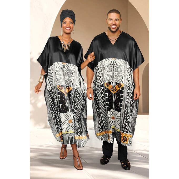 Zulu Long Unisex Satin V-Neck Caftan with Colorful Afrocentric Print, , large