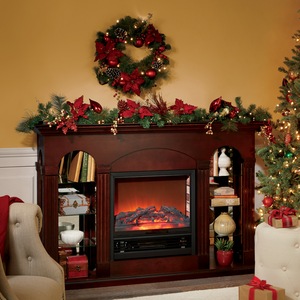 6-ft. Lit Poinsettia Garland, Red, large