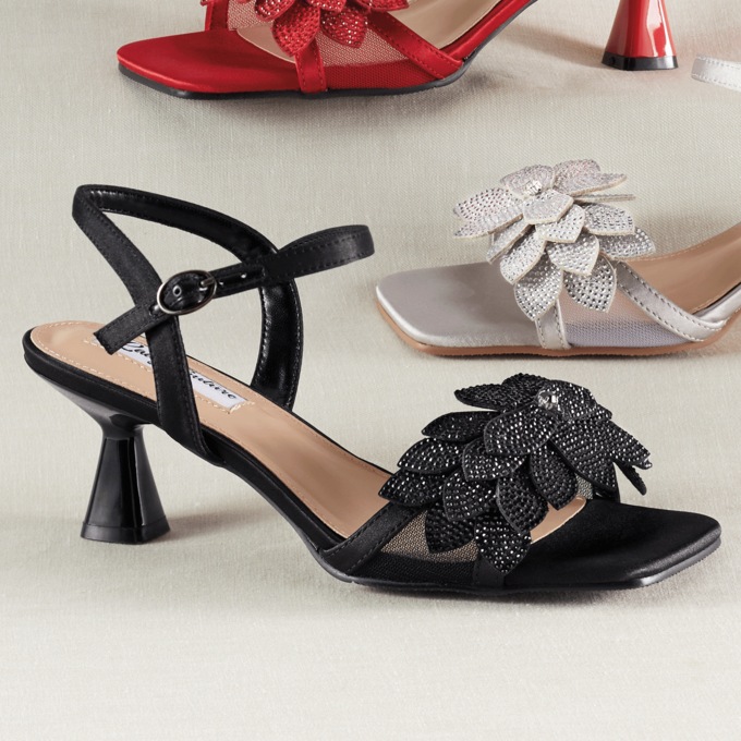Satin and Mesh Lori Sandal with Rhinestone-Covered Flowers, , large