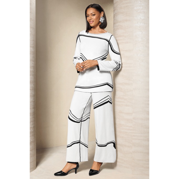 Rhena Reversible Double Sweater-Knit Pant Outfit with Boatneck Top, , large