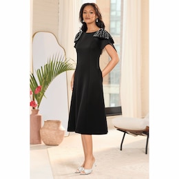 Francia Pearl-Bow Fit-and-Flare Dress, , large