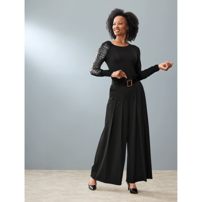 Tina Faux-Leather Trim Knit Top and Willow Wide-Leg Pant, , large