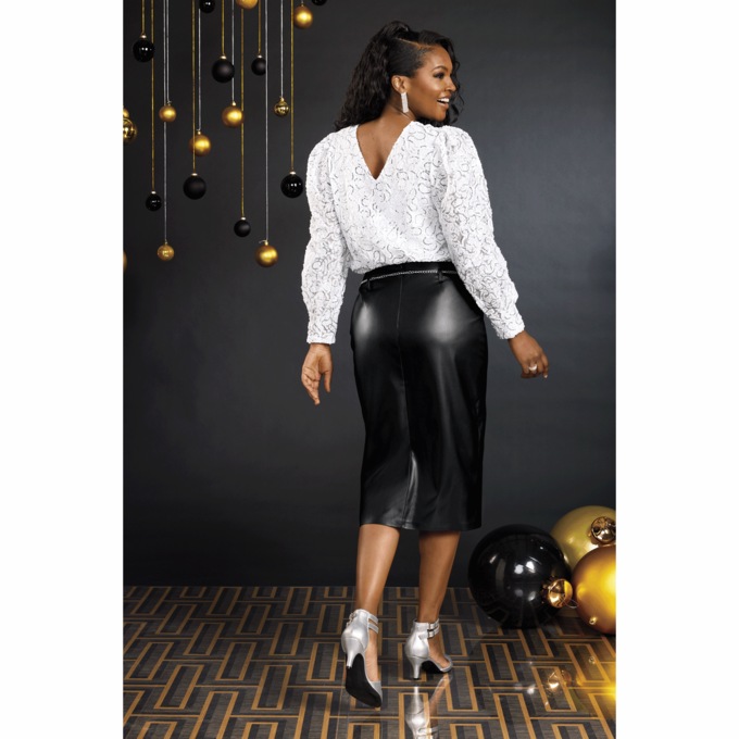 Belted Faux-Leather Skirt, Black, large