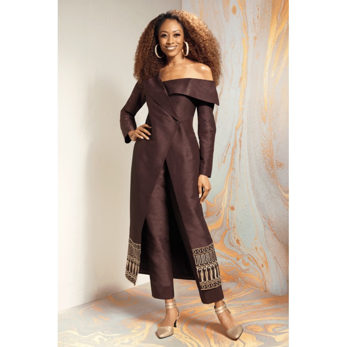 Inez Embroidered Pant Set for Women with One-Shoulder Jacket, , large