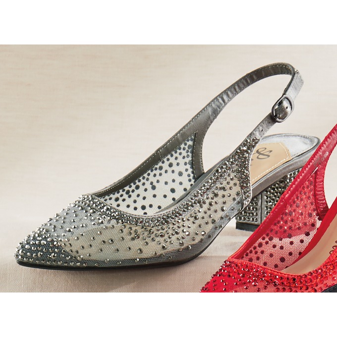 Lady Couture Rhinestone Demi Slingback for Women with 2.5" Block Heel and Adjustable Ankle Strap, Pewter, large