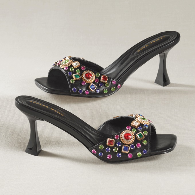Azalea Wang Sharice Slide with Multicolored Rhinestones and 2.5" Heel, , large
